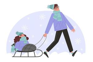 Young dad rides a small child on a sled in winter vector