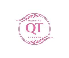 QT Initials letter Wedding monogram logos collection, hand drawn modern minimalistic and floral templates for Invitation cards, Save the Date, elegant identity for restaurant, boutique, cafe in vector