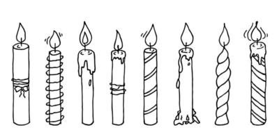 Burning birthday candle set. Doodle illustration. Hand drawn clipart for card, logo, design vector