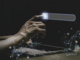 Businessman are touching the virtual screen on search engine optimization for find data on networking, SEO, Searching Browsing Internet Data Information Networking Concept. photo