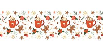 Christmas hot drink, gingerbreads seamless horizontal border with red cup, mug, coffee, cacao, tea, Christmas hot beverage. Vector winter season repeat frame. Cute Christmas New Year illustration.