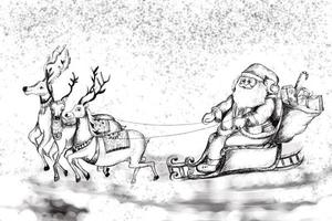 Merry christmas with santa claus reindeers sketch card background vector