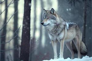 Eurasian wolf in white winter habitat beautiful winter forest photo