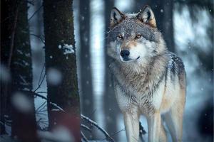 Eurasian wolf in white winter habitat beautiful winter forest photo