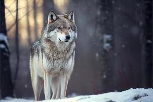 Eurasian wolf in white winter habitat beautiful winter forest photo