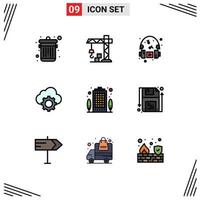 Pack of 9 creative Filledline Flat Colors of house apartment headphone settings computing Editable Vector Design Elements