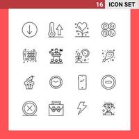 Editable Vector Line Pack of 16 Simple Outlines of joystick food disease eat medicine Editable Vector Design Elements