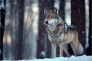 Eurasian wolf in white winter habitat beautiful winter forest photo