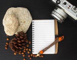 blank notebook on black wooden table photo