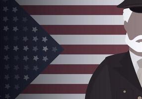 veterano en uniforme militar contra el fondo de la bandera. estilo de dibujos animados vector