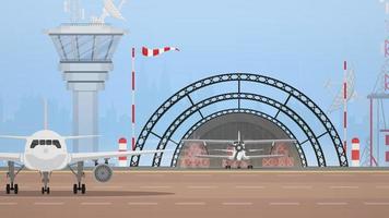 Airport with military aircraft, take-off strip and flight control point. Vector. vector