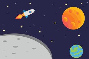 Space flat vector background with astronaut, rocket, spaceship, moon, planets and stars. Space for your text.