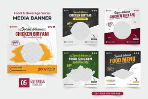 Food and beverage social media post set vector for digital marketing. Restaurant business promotional template bundle with brush effects. Food advertisement web banner collection with dark colors.