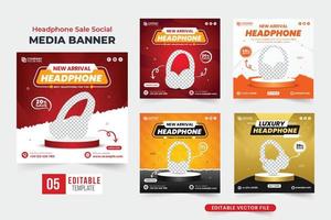 Modern headphone sale social media post collection with red and dark colors. Headphone brand promotion template bundle with abstract shapes. Headphone business web banner set design for marketing. vector