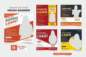 Business loan social media post design collection with yellow and red colors. Modern banking service promotional web banner design bundle for digital marketing. Personal bank loan service template set vector