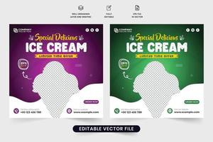 diseño especial de afiches de promoción de helados para marketing digital. plantilla de descuento de venta de helados y postres con colores púrpura y verde. vector de publicación de redes sociales de helado con formas abstractas.