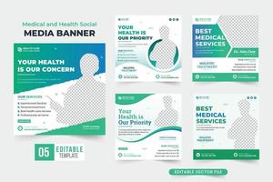 Diseño de paquete de publicación de redes sociales de servicio médico con colores verde y azul. colección de banners web promocionales de servicios de salud para marketing. conjunto de plantillas de póster de tratamiento médico del hospital vector. vector