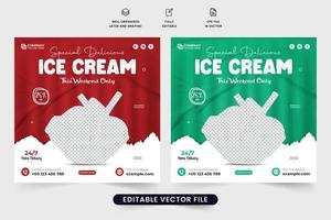 delicioso diseño de plantilla de descuento de venta de helados para promoción en redes sociales. vector de banner web de anuncio de helado sabroso con colores rojo y verde. publicación en redes sociales de negocios de helados.