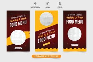 diseño de historia promocional de menú de comida saludable para marketing en redes sociales. plantilla de cartel de anuncio de menú de comida especial con colores granate y amarillo. banner web de comida latinoamericana con oferta de descuento vector