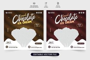 sabroso diseño de afiches promocionales de helados con formas de color oscuro y chocolate. plantilla de banner web de descuento de venta de helados para marketing en redes sociales. vector de publicación de redes sociales de postre.