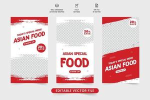 diseño de conjunto de plantillas de historias de redes sociales de comida asiática con colores rojo y blanco. colección especial de plantillas de historias para el menú de comida del restaurante. diseño de banner web promocional de comida asiática para marketing. vector