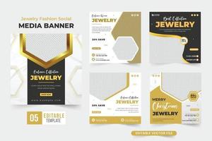 vector de publicación de redes sociales de moda de joyería moderna con colores dorados y oscuros. colección de banners web promocionales de adornos con formas geométricas. paquete especial de carteles publicitarios de joyería.