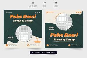 diseño de publicaciones en redes sociales de alimentos con colores oscuros y naranjas. plantilla de banner web promocional de menú de comida especial para marketing en redes sociales. diseño de carteles de negocios de restaurantes con marcadores de posición de fotos. vector