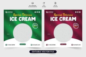 Ice cream sale social media post vector with red and green backgrounds. Simple ice cream promotional web banner design for marketing. Delicious food and ice cream poster vector with photo placeholders