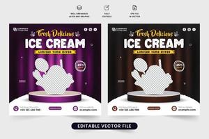 diseño de plantilla de venta de helado fresco con colores oscuros y morados. delicioso vector de banner web de publicidad de comida y postre con marcadores de posición de fotos. diseño especial de plantilla de promoción de helados.