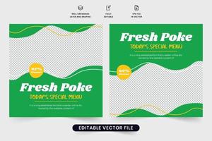 vector de plantilla de promoción culinaria con colores verde y amarillo. Diseño especial de publicaciones en redes sociales de alimentos con formas abstractas. plantilla de anuncio de menú de comida fresca y saludable para restaurantes.