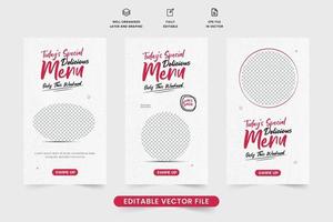 colección especial de plantillas de menú de comida latinoamericana sobre fondos blancos. diseño de banner web promocional de negocios culinarios con efecto de texto rojo. vector de conjunto de historias de redes sociales de menú de comida para marketing.