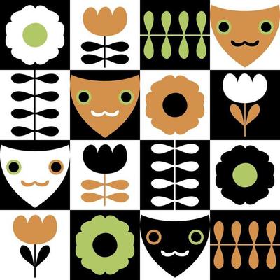 Aesthetic seamless pattern with tulip flowers and cats faces.