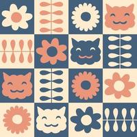 Geometric seamless pattern with daisies and happy cats faces. vector