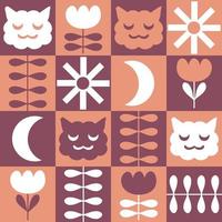 Retro seamless pattern with sleepy cats faces, sun and moon. vector