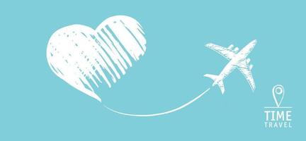 Time Travel. The plane drew a heart. Hand drawn illustrations. vector