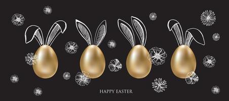 Happy Easter. Rabbits's ears. Gold eggs. Hand drawn illustration. vector