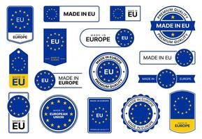 hecho en la UE, iconos de calidad de Europa, etiquetas con bandera vector