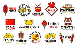 Chinese food, festival, holiday and religion icons vector
