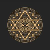 Pentagram with magic eye, sun or moon with rays vector