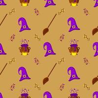 A seamless pattern with witch hats, boiling potion, broom and branches vector