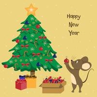 Mouse with Christmas toys near the Christmas tree vector