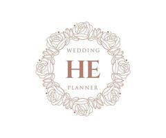 HE Initials letter Wedding monogram logos collection, hand drawn modern minimalistic and floral templates for Invitation cards, Save the Date, elegant identity for restaurant, boutique, cafe in vector