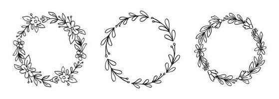 Set of flower wreath in round shape for ornament and copy space. Collection of floral hand drawn illustration design vector