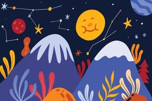 Mountain with space and constellations in the sky vector