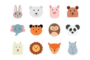 Set of cute wild animal head illustration. Collection of African animal character design elements for kids vector