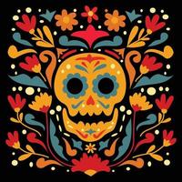 Mexican style abstract patterns with colorful floral illustrations. Traditional background design with golden skull vector