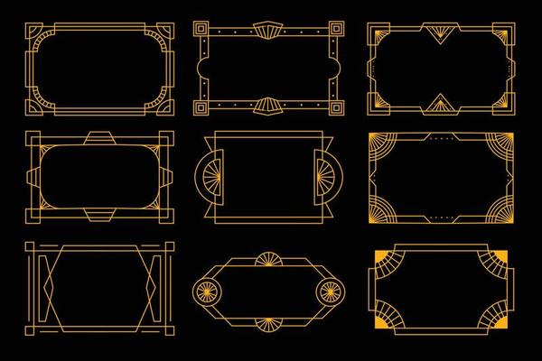 Art deco frame in golden color for classy and luxury design style. premium vintage line art for design element and ornament. Classy outline stroke for background and print decoration