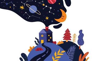 Country house with smoke filled with space and constellations vector