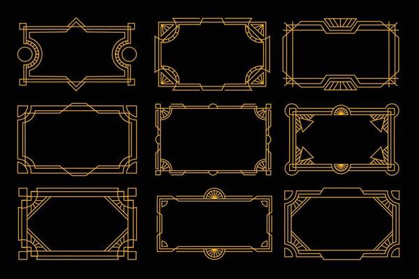 Art deco frame in golden color for classy and luxury design style. premium vintage line art for design element and ornament. Classy outline stroke for background and print decoration