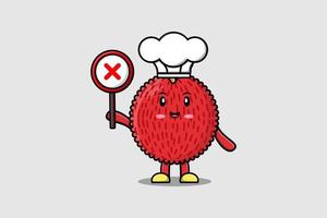 cute cartoon Lychee chef holding wrong sign board vector